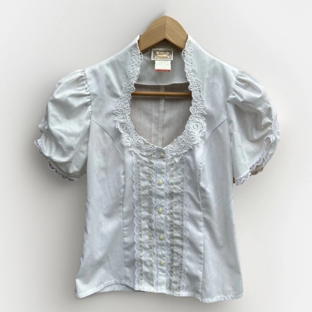 Jessica's Gunnies VTG Blouse Women 7 White Lace Trim Puff Short Sleeve Prairie - Picture 2 of 10